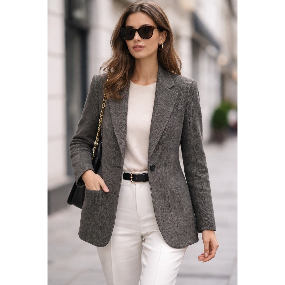 Max Mara Italy Pure Virgin Wool Herringbone Blazer Sz 10 Old Money Quiet Luxury